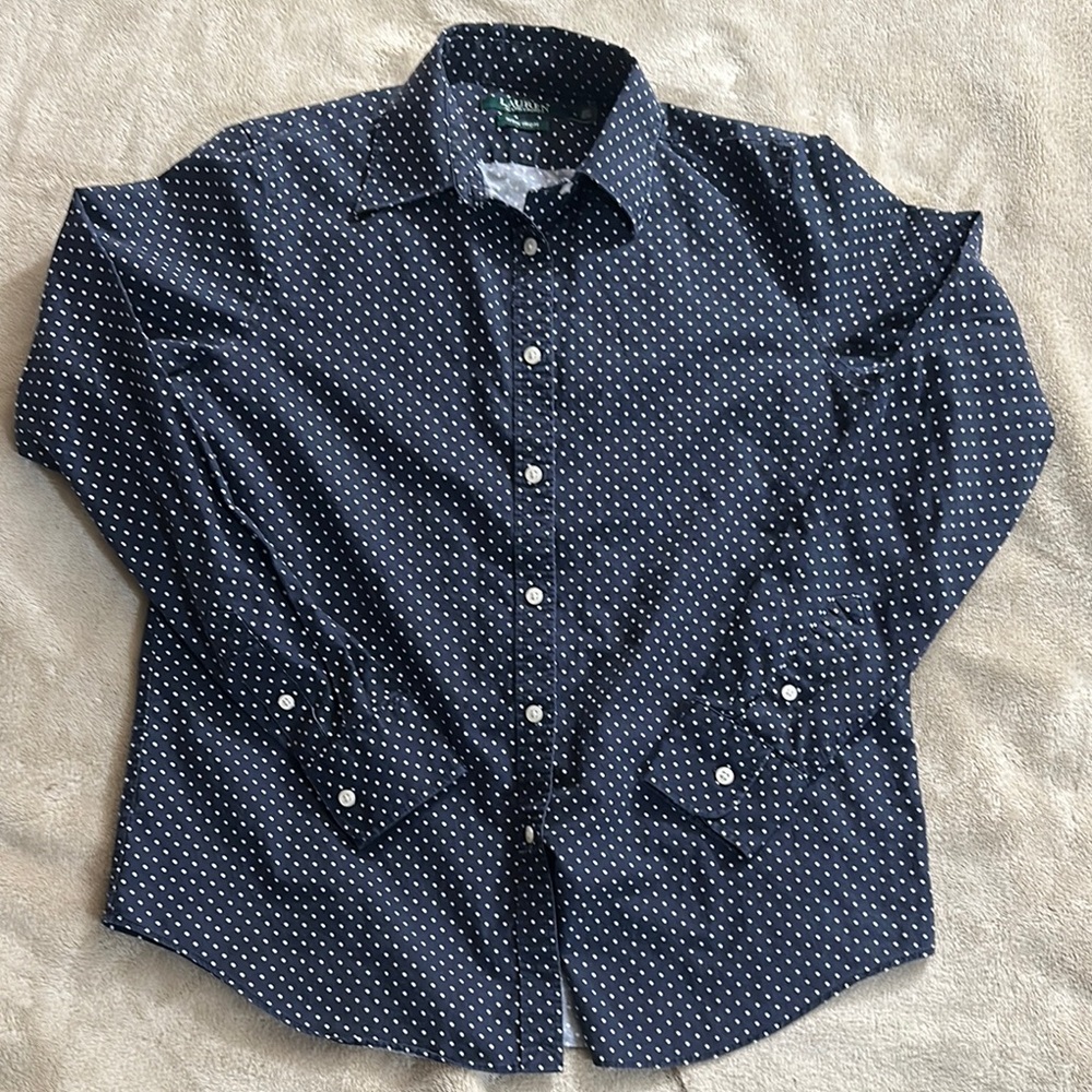 Lauren by Ralph Lauren Blue Casual Button Down Shirt with Polka Dots